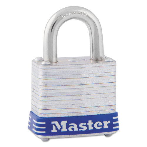 Image of Master Lock® 7D Four-Pin Tumbler Lock, Laminated Steel Body, 1.12" Wide, Silver/Blue, 2 Keys