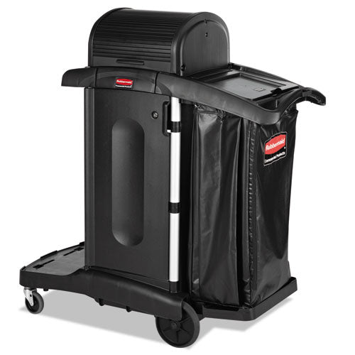 Image of Rubbermaid® Commercial 1861427 Executive High Security Janitorial Cleaning Cart, Plastic, 4 Shelves, 1 Bin, 23.1" x 39.6" x 27.5", Black