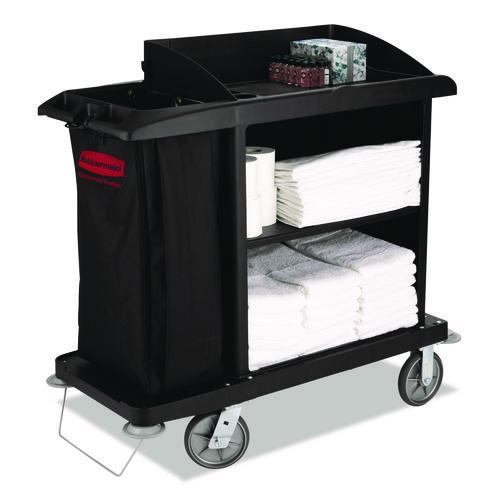Image of Rubbermaid® Commercial FG619000BLA Multi-Shelf Cleaning Cart, Plastic, 4 Shelves, 1 Bin, 22" x 49" x 50", Black