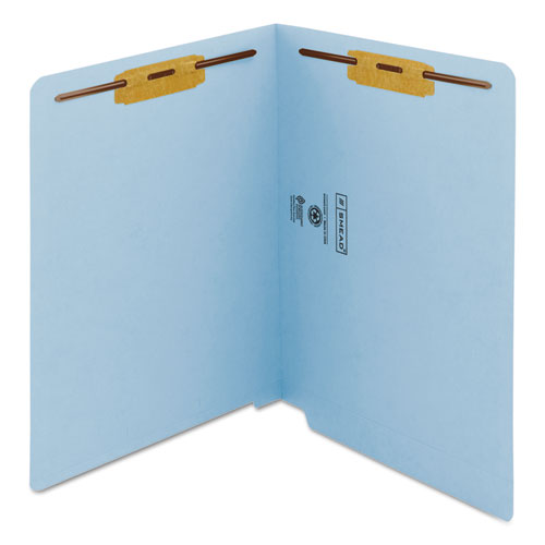 Image of Smead 25040 Heavyweight Colored End Tab Fastener Folders, Straight Tab, Expands 0.75", 2 Fasteners, Letter Size, Blue, 50/Box