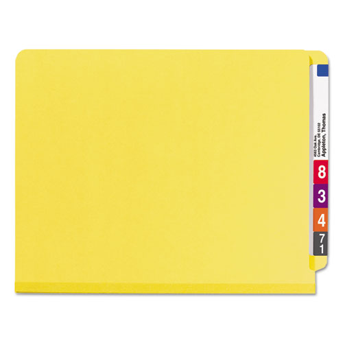 Image of Smead 26789 End Tab Pressboard Classification Folders, Expands 2", 2 Dividers, 6 SafeSHIELD Fasteners, Letter Size, Yellow, 10/Box