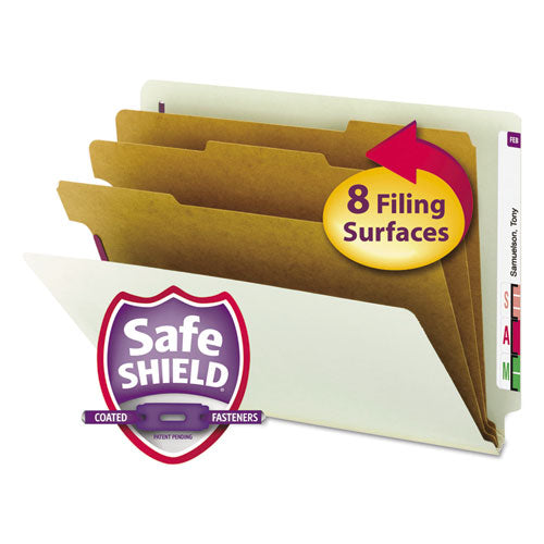 Image of Smead 26820 End Tab Pressboard Classification Folders, Expands 3", 3 Dividers, 8 SafeSHIELD Fasteners, Letter Size, Gray-Green, 10/Box