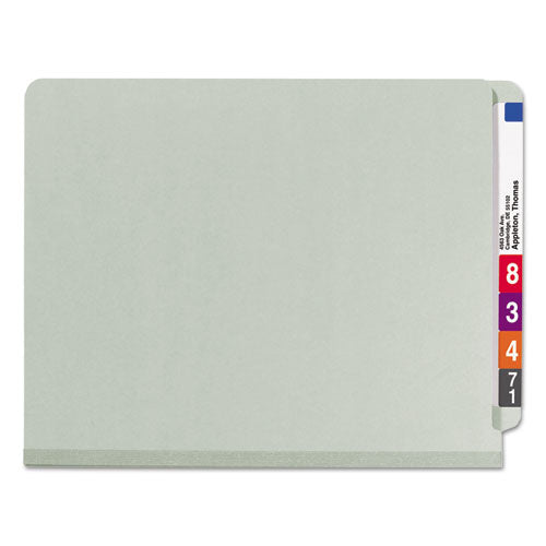 Image of Smead 26820 End Tab Pressboard Classification Folders, Expands 3", 3 Dividers, 8 SafeSHIELD Fasteners, Letter Size, Gray-Green, 10/Box