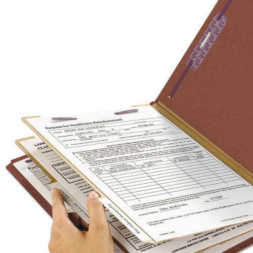 Image of Smead End Tab Pressboard Classification Folders, Six SafeSHIELD Fasteners, 2" Expansion, 2 Dividers, Letter Size, Red, 10/Box
