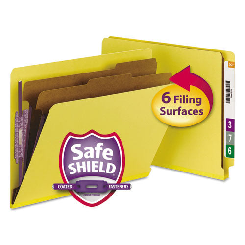 Image of Smead 26789 End Tab Pressboard Classification Folders, Expands 2", 2 Dividers, 6 SafeSHIELD Fasteners, Letter Size, Yellow, 10/Box