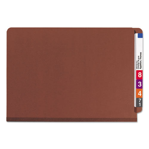 Image of Smead 29860 End Tab Pressboard Classification Folders, Expands 2", 2 Dividers, 6 SafeSHIELD Fasteners, Legal Size, Red, 10/Box