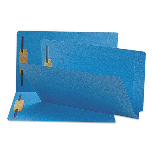 Image of Smead 28040 Heavyweight Colored End Tab Fastener Folders, Straight Tab, Expands 0.75", 2 Fasteners, Legal Size, Blue, 50/Box