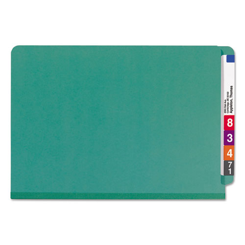 Image of Smead 29785 End Tab Pressboard Classification Folders, Expands 2", 2 Dividers, 6 SafeSHIELD Fasteners, Legal Size, Green, 10/Box
