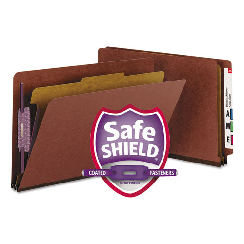 Image of Smead 29855 End Tab Pressboard Classification Folders, Expands 2", 1 Divider, 4 SafeSHIELD Fasteners, Legal Size, Red, 10/Box