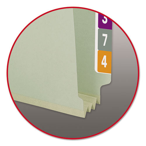 Image of Smead 37725 End Tab Pressboard Classification Folders, Straight Tab, Expands 3", 2 SafeSHIELD Fasteners, Legal Size, Gray-Green, 25/Box
