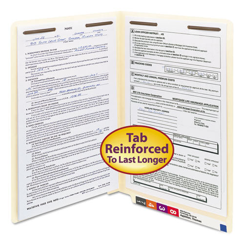 Image of Smead 37115 Manila End Tab Fastener Folders, Reinforced Straight Tab, Expands 0.75", 2 Fasteners, Legal Size, 11-pt Manila, 50/Box