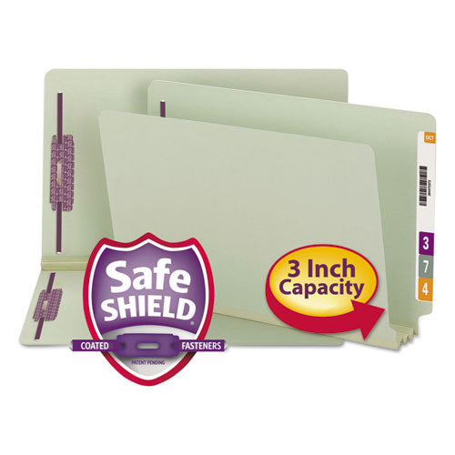 Image of Smead 37725 End Tab Pressboard Classification Folders, Straight Tab, Expands 3", 2 SafeSHIELD Fasteners, Legal Size, Gray-Green, 25/Box