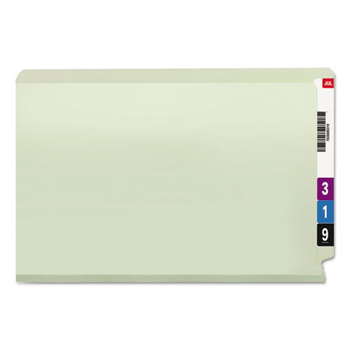 Image of Smead 37725 End Tab Pressboard Classification Folders, Straight Tab, Expands 3", 2 SafeSHIELD Fasteners, Legal Size, Gray-Green, 25/Box