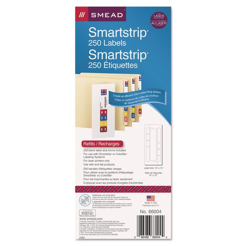 Image of Smead 66004 Color-Coded Smartstrip Refill Label Forms, Laser Printer, Assorted, 1.5 X 7.5, White, 250/pack