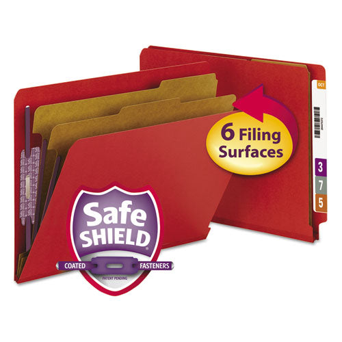 Image of Smead 26783 End Tab Pressboard Classification Folders, Expands 2", 2 Dividers, 6 SafeSHIELD Fasteners, Letter Size, Bright Red, 10/Box