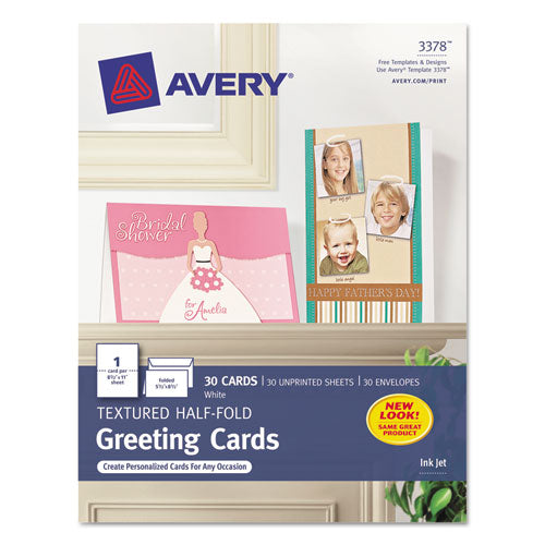Image of Avery® 03378 Half-Fold Greeting Cards with Envelopes, Inkjet, 65 lb, 5.5 x 8.5, Textured Uncoated White, 1 Card/Sheet, 30 Sheets/Box
