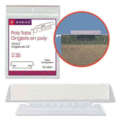 Image of Smead 64615 Poly Index Tabs and Inserts For Hanging File Folders, 1/3-Cut, White/Clear, 3.5" Wide, 25/Pack