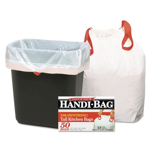 Image of Handi-Bag® 1516848 Drawstring Kitchen Bags, 13 gal, 24" x 27.38", White, 50/Box