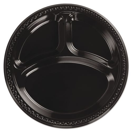 Image of Chinet® 81430 Heavyweight Plastic 3-Compartment Plates, 10.25" dia, Black, 125/Pack, 4 Packs/Carton