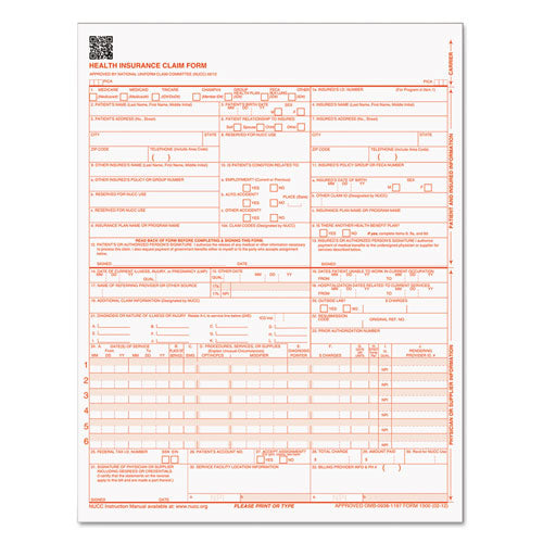 Image of TOPS 50135RV CMS-1500 Medicare/Medicaid Forms for Laser Printers, One-Part (No Copies), 8.5 x 11, 250 Forms Total