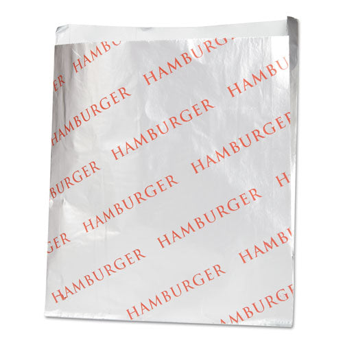 Image of Bagcraft 300527 Foil Single-Serve Bags, Hamburger Labeling, 6" x 0.75" x 6.5", Silver/Red, 1,000/Carton
