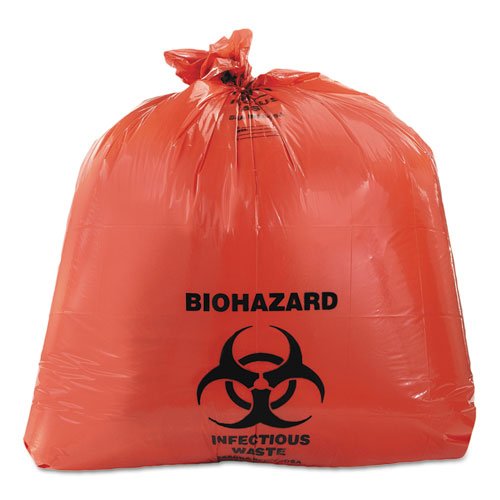 Image of Heritage A8046ZR Healthcare Biohazard Printed Can Liners, Biohazard Infectious Waste, 45 gal, 3 mil, 40" x 46", Red, Flat Pack, 75/Carton