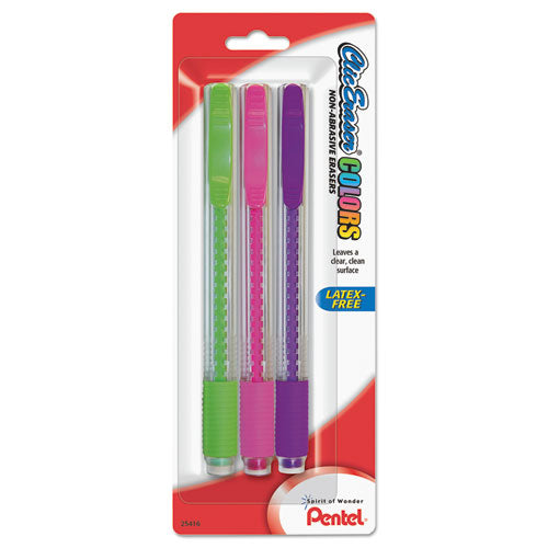 Image of Pentel® ZE23BP3M Clic Eraser Colors Eraser, For Pencil Marks, White Eraser, Assorted Barrel Colors, 3/pack