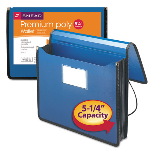 Image of Smead 71503 Poly Premium Wallets, 5.25" Expansion, 1 Section, Elastic Cord Closure, Letter Size, Navy Blue