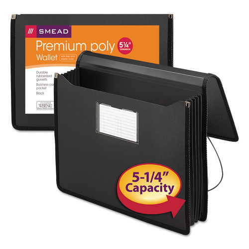 Image of Smead 71500 Poly Premium Wallets, 5.25" Expansion, 1 Section, Elastic Cord Closure, Letter Size, Black