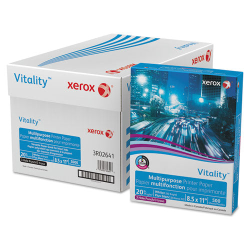 Image of xerox 3R02641 Vitality Multipurpose Print Paper, 92 Bright, 3-Hole, 20 lb Bond Weight, 8.5 x 11, 500 Sheets/Ream, 10 Reams/Carton
