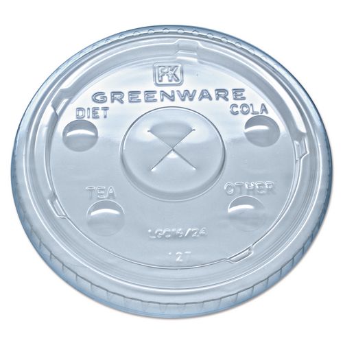 Image of Fabri-Kal® 000000000009509112 Greenware Cold Drink Lids, X-Slot, Fits 16 oz/18 oz/24 oz Cold Cups, Sugarcane, Clear, 1,000/Carton