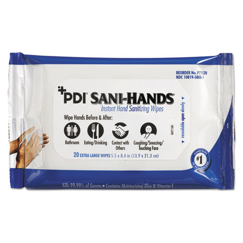 Image of Sani Professional® P71520 PDI Sani-Hands Instant Hand Sanitizing Wipes, 1-Ply, 5.5 x 8.4, White, 20/Pack, 48 Packs/Carton