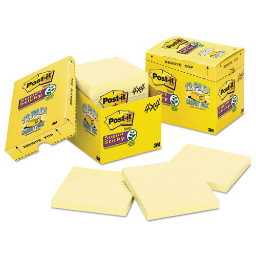 Image of Post-it® Notes Super Sticky 675-12SSCP Pads in Canary Yellow, Note Ruled, 4" x 4", Cabinet Pack, 90 Sheets/Pad, 12 Pads/Pack