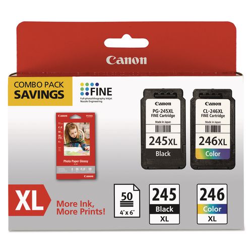 Image of Canon® 8278B005 8278b005 (pg-245xl/cl-246xl) Ink/paper Combo, 180/300 Page-Yield, Black/tri-Color