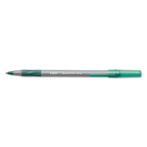 Image of BIC® GSMG11-GRN Round Stic Grip Xtra Comfort Ballpoint Pen, Easy-Glide System, Stick, Medium 1.2 mm, Green Ink, Gray/Green Barrel, Dozen