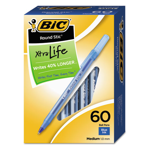 Image of BIC® GSM609-BE Round Stic Xtra Life Ballpoint Pen Value Pack, Stick, Medium 1 Mm, Blue Ink, Translucent Blue Barrel, 60/box