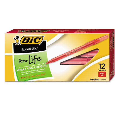 Image of BIC® GSM11 RED Round Stic Xtra Life Ballpoint Pen, Stick, Medium 1 Mm, Red Ink, Translucent Red Barrel, Dozen