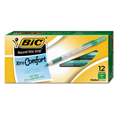 Image of BIC® GSMG11-GRN Round Stic Grip Xtra Comfort Ballpoint Pen, Easy-Glide System, Stick, Medium 1.2 mm, Green Ink, Gray/Green Barrel, Dozen