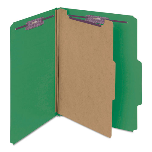 Image of Smead 13733 Pressboard Top Tab Classification Folders, Expands 2", 1 Divider, 4 SafeSHIELD Fasteners, Letter Size, Green, 10/Box