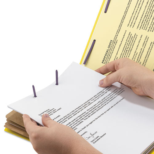 Image of Smead 19098 Pressboard Top Tab Classification Folders, 2/5 Tab, Expands 3", 3 Dividers, 8 SafeSHIELD Fasteners, Legal Size, Yellow, 10/BX