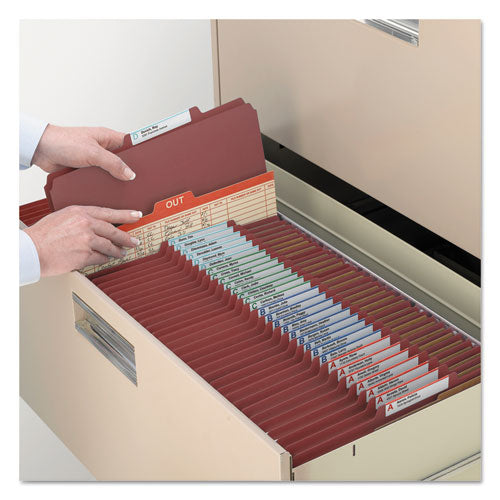 Image of Smead Recycled Pressboard Classification Folders, 2" Expansion, 2 Dividers, 6 Fasteners, Legal Size, Red Exterior, 10/Box
