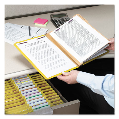 Image of Smead 19098 Pressboard Top Tab Classification Folders, 2/5 Tab, Expands 3", 3 Dividers, 8 SafeSHIELD Fasteners, Legal Size, Yellow, 10/BX