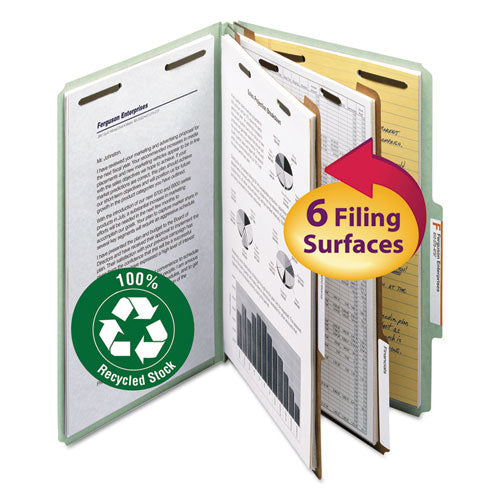 Image of Smead 19022 Recycled Pressboard Classification Folders, 2/5-Cut Tab, Expands2", 2 Dividers, 6 Fasteners, Legal Size, Gray-Green, 10/Box