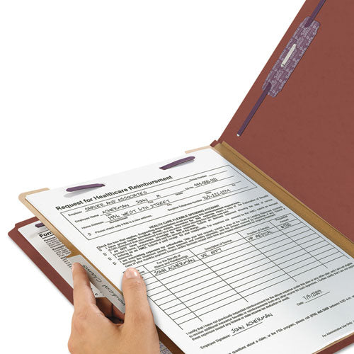 Image of Smead Recycled Pressboard Classification Folders, 2" Expansion, 1 Divider, 4 Fasteners, Letter Size, Red Exterior, 10/Box