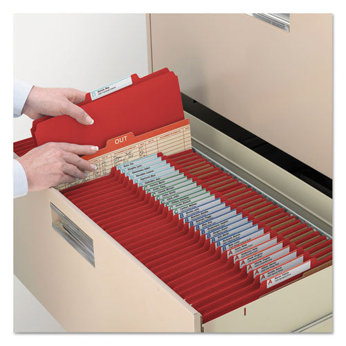 Image of Smead Eight-Section Pressboard Top Tab Classification Folders, 8 SafeSHIELD Fasteners, 3 Dividers, Legal Size, Bright Red, 10/Box