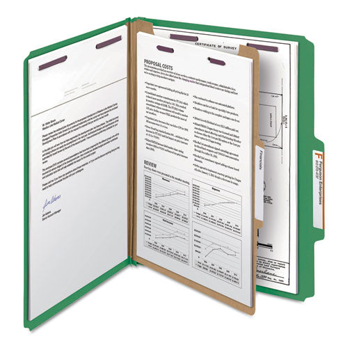Image of Smead 13733 Pressboard Top Tab Classification Folders, Expands 2", 1 Divider, 4 SafeSHIELD Fasteners, Letter Size, Green, 10/Box