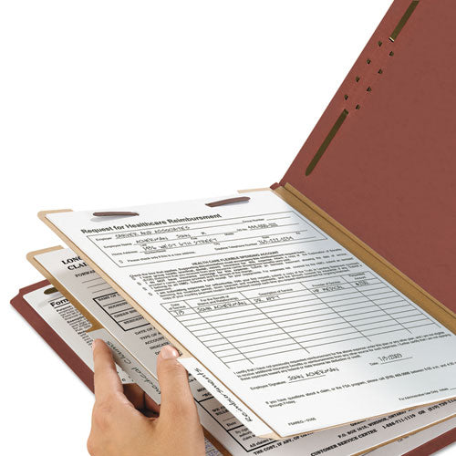 Image of Smead Recycled Pressboard Classification Folders, 2" Expansion, 2 Dividers, 6 Fasteners, Legal Size, Red Exterior, 10/Box