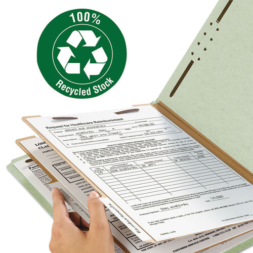 Image of Smead 19022 Recycled Pressboard Classification Folders, 2/5-Cut Tab, Expands2", 2 Dividers, 6 Fasteners, Legal Size, Gray-Green, 10/Box
