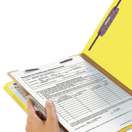 Image of Smead Four-Section Pressboard Top Tab Classification Folders, Four SafeSHIELD Fasteners, 1 Divider, Letter Size, Yellow, 10/Box
