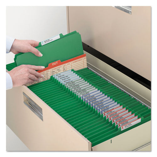 Image of Smead Recycled Pressboard Classification Folders, 2" Expansion, 2 Dividers, 6 Fasteners, Letter Size, Green Exterior, 10/Box